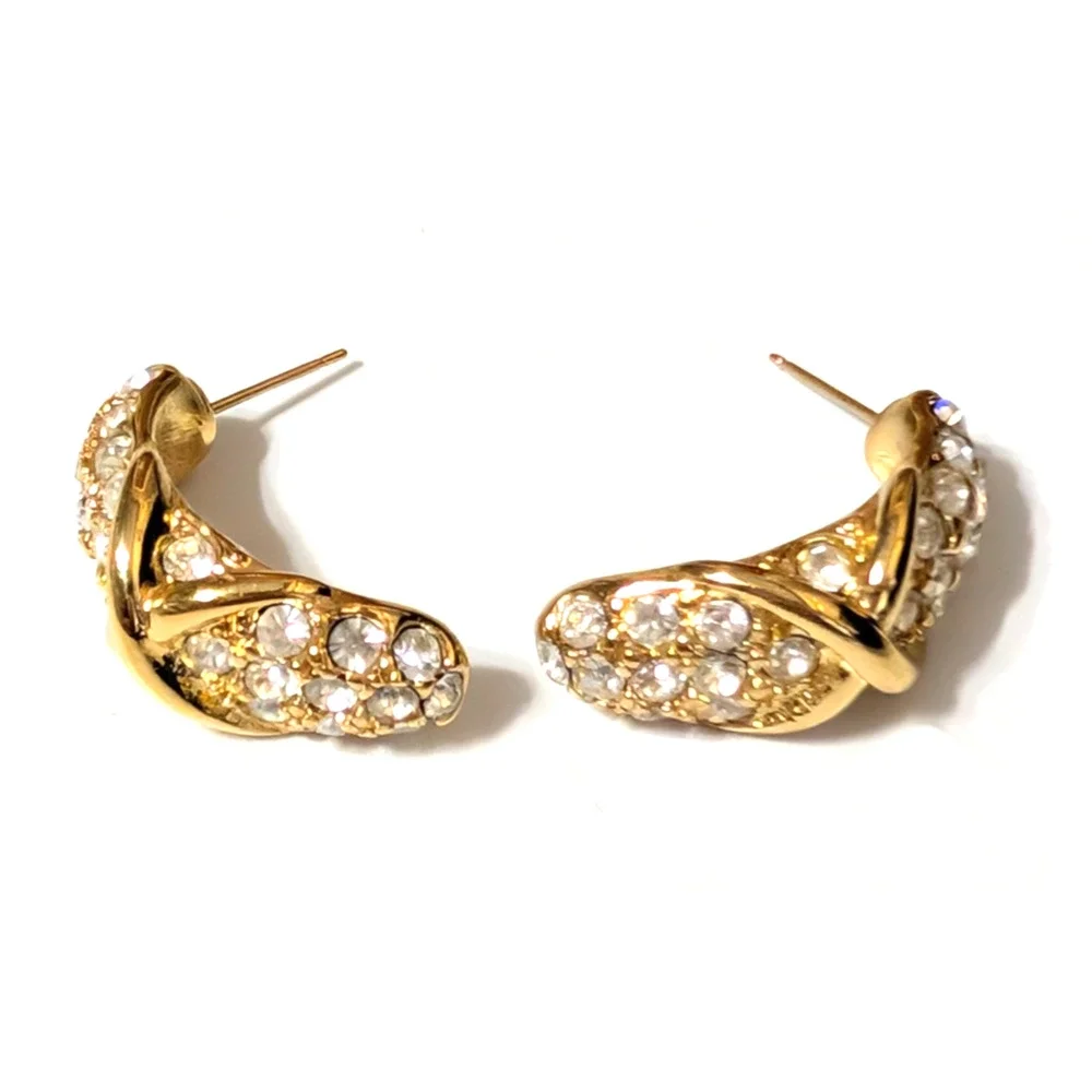 Rhinestone Pierced Earrings Gold-tone Crescents 1